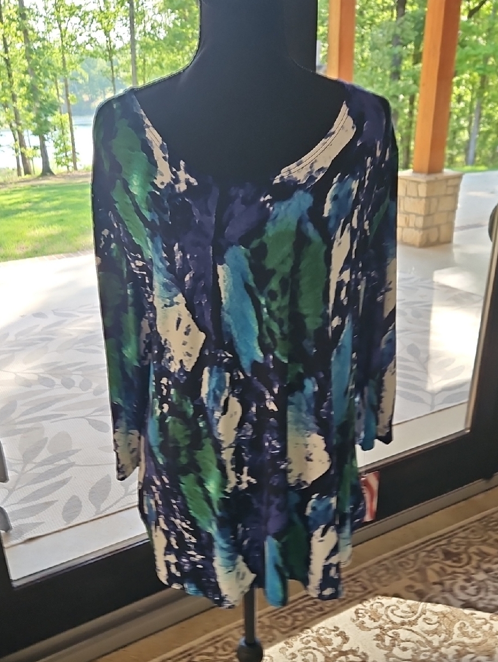 Fashion Caribe Abstract Blue, Green & White Tunic Top. XL